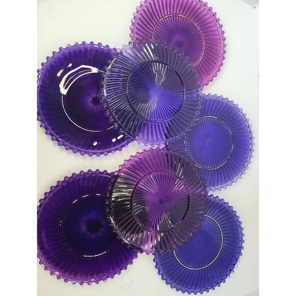Purple Glass Salad Plates Set of 7 Beaded Rim Sunburst Ribbed Amethyst 8.25 inch